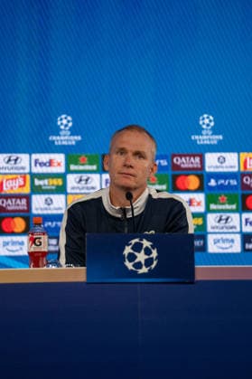 Morten Jensen, head coach of Viking FK, at the postgame press conference following the match between VfB Stuttgart and Viking FK, soccer, Champions League, Matchday 1, September 9, 2026, DFB regulations prohibit any use of photographs as image sequences and or quasi-video. Stuttgart, Baden-Württemberg, Germany Copyright: xkolbert-press PhilipxZieglerx