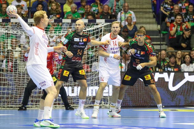 September 9, 2026, xgox, Handball EHF Champions League SC Magdeburg vs. Kolstad Handbold, Oscar Bergendahl (Magdeburg), 54, Magnus Gullerud (Kolstad), 14, Antonio Serradilla (Magdeburg), 15, tussle, duel, battle, tackle, Magdeburg