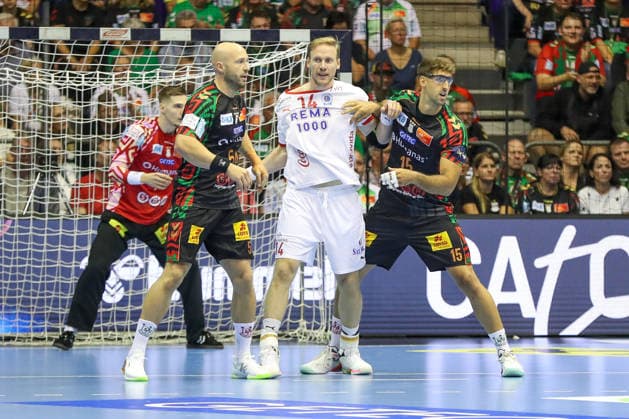 September 9, 2026, xgox, Handball EHF Champions League SC Magdeburg vs. Kolstad Handbold, Oscar Bergendahl (Magdeburg), 54, Magnus Gullerud (Kolstad), 14, Antonio Serradilla (Magdeburg), 15, tussle, duel, battle, tackle, Magdeburg