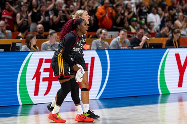 Alexis Peterson (Germany), 01, and Alexandra Wilke (Germany), 03, celebrate, GER, Belgium vs. Germany, Basketball, 2026 FIBA Women s World Cup, Quarterfinals, September 10, 2026, GER, Belgium vs. Germany, Basketball, 2026 FIBA Women’s World Cup, Quarterfinals, September 10, 2026, Berlin Copyright: xEibner-Pressefoto MaxxVincenx EP_MVN