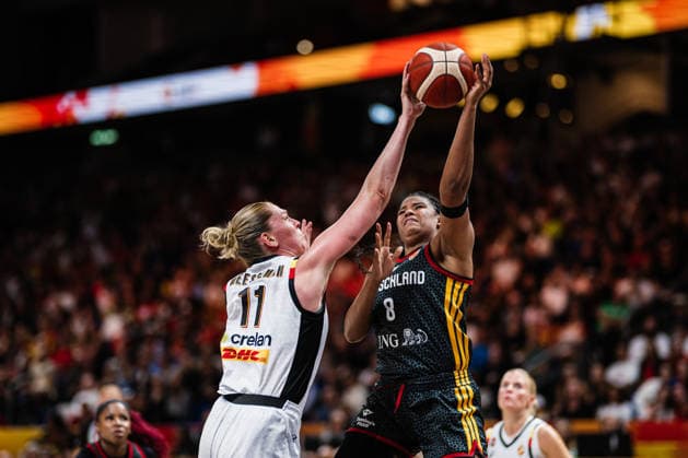 FIBA Women’s Basketball World Cup 2026: Belgium vs. Germany, September 10, 2026—Emma Meesseman (Belgium, 11) blocks Nyara Sabally (Germany, 8)—Basketball, FIBA Women’s Basketball World Cup 2026, Final Phase, Quarterfinals: Belgium vs. Germany on September 10, 2026, at the Uber Arena, Berlin Copyright: xBEAUTIFULxSPORTS Tonhäuserx