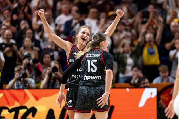 Leonie Fiebich (Germany), 13, and Luisa Geiselsoder (Germany), 15, celebrate after the game ends, GER, Belgium vs. Germany, Basketball, 2026 FIBA Women’s World Cup, Quarterfinals, September 10, 2026, GER, Belgium vs. Germany, Basketball, 2026 FIBA Women’s World Cup, Quarterfinals, September 10, 2026, Berlin Copyright: xEibner-Pressefoto MaxxVincenx EP_MVN