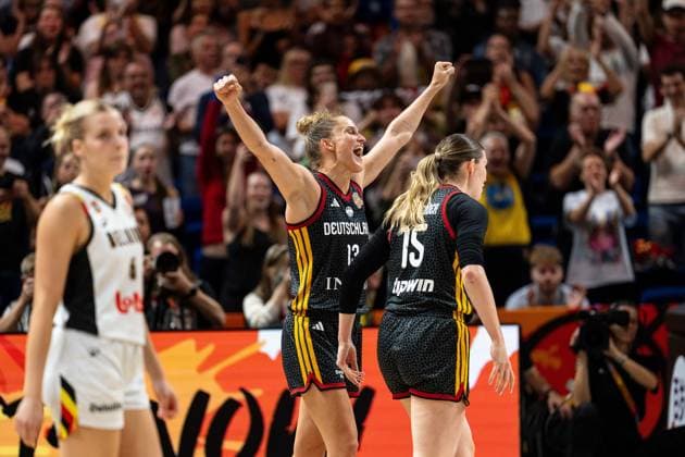 Leonie Fiebich of Germany, 13, and Luisa Geiselsoder of Germany, 15, celebrate after the game ends following their victory, GER, Belgium vs. Germany, Basketball, 2026 FIBA Women’s World Cup, Quarterfinals, September 10, 2026, GER, Belgium vs. Germany, Basketball, 2026 FIBA Women’s World Cup, Quarterfinals, September 10, 2026, Berlin Copyright: xEibner-Pressefoto MaxxVincenx EP_MVN