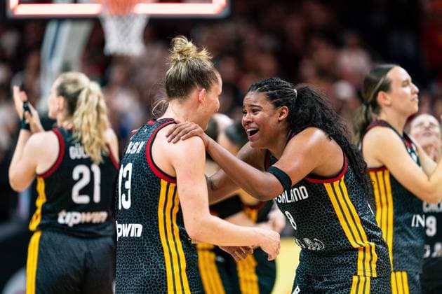 Leonie Fiebich (Germany), 13, and Nyara Sabally (Germany), 08, celebrate after the victory at the end of the game, GER, Belgium vs. Germany, Basketball, FIBA Women’s World Cup 2026, Quarterfinals, September 10, 2026, Germany, Belgium vs. Germany, Basketball, 2026 FIBA Women’s World Cup, Quarterfinals, September 10, 2026, Berlin Copyright: xEibner-Pressefoto MaxxVincenx EP_MVN