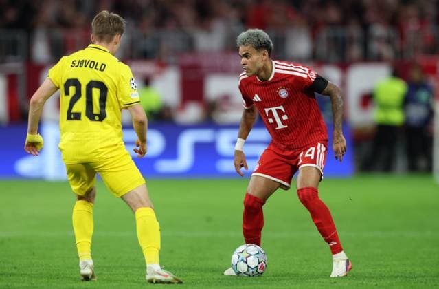 September 10, 2026, GER, Soccer, Men s, UEFA Champions League, Group Stage, 2026–2027 Season, Matchday 1, FC Bayern Munich vs. FK Bodø Glimt, Fredrik Sjovold (FK Bodø Glimt) 20 and Luis Díaz (FC Bayern Munich) 14, Munich, Allianz Arena, Bayern, Germany Copyright: xNordphoto Schneiderx