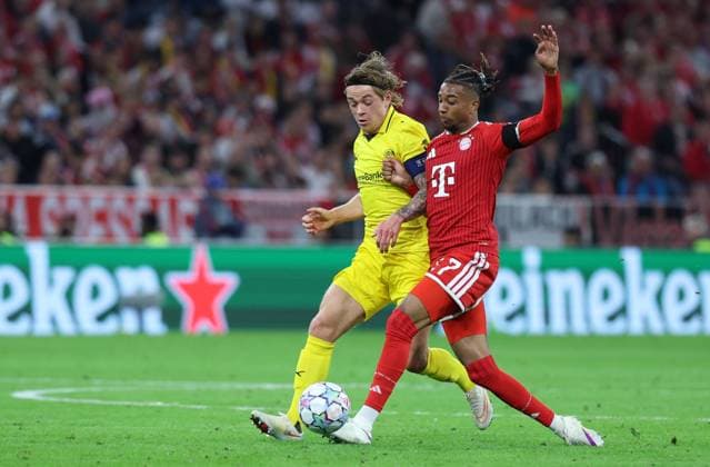 September 10, 2026, GER, Soccer, Men s, UEFA Champions League, Group Stage, 2026–2027 Season, Matchday 1, FC Bayern Munich vs. FK Bodo Glimt Patrick Berg of FK Bodo Glimt 07 in a tackle against Michael Olise of FC Bayern Munich 17, Munich, Allianz Arena, Bayern, Germany Copyright: xNordphoto Schneiderx