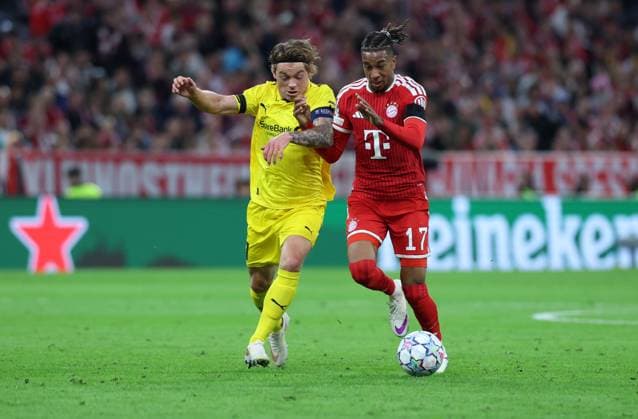 September 10, 2026, GER, Soccer, Men s, UEFA Champions League, Group Stage, 2026–2027 Season, Matchday 1, FC Bayern Munich vs. FK Bodo Glimt Patrick Berg (FK Bodo Glimt 07) in a duel with Michael Olise (FC Bayern Munich) 17 Munich, Allianz Arena, Bayern, Germany Copyright: xNordphoto Schneiderx
