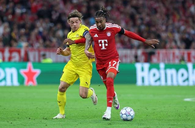 September 10, 2026, GER, Soccer, Men s, UEFA Champions League, Group Stage, 2026–2027 Season, Matchday 1, FC Bayern Munich vs. FK Bodø Glimt: Patrick Berg (FK Bodø Glimt 07) in a duel with Michael Olise (FC Bayern Munich) at the Allianz Arena in Munich, Bavaria, Germany Copyright: xNordphoto Schneiderx