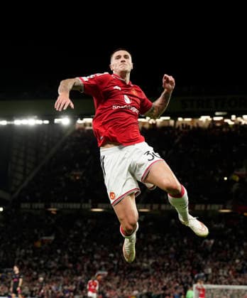 Manchester, England, 10th September 2026. Benjamin Sesko of Manchester United, ManU celebrates scoring their third goal during the Manchester United vs Sabah UEFA Champions League match at Old Trafford, Manchester. Picture credit should read: Andrew Yates Sportimage EDITORIAL USE ONLY. No use with unauthorised audio, video, data, fixture lists, club league logos or live services. Online in-match use limited to 120 images, no video emulation. No use in betting, games or single club league player publications. SPI_042_AY_Man_Utd_Sabah SPI-4989-0042