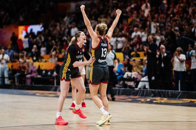 FIBA Women’s Basketball World Cup 2026: Belgium vs. Germany, September 10, 2026; Luisa Geiselsoder (Germany), 15; Leonie Fiebich (Germany), 13; CELEBRATION, cheering, Germany advances to the semifinals, after the game, celebration, celebrating basketball, FIBA Women’s Basketball World Cup 2026, Final Phase, quarterfinal Belgium vs. Germany on September 10, 2026, at the Uber Arena, Berlin Copyright: xBEAUTIFULxSPORTS Tonhäuserx