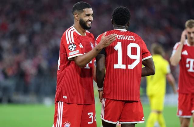 September 10, 2026, GER, Soccer, Men s, UEFA Champions League, Group Stage, 2026–2027 Season, Matchday 1, FC Bayern Munich vs. FK Bodø Glimt Goal celebration Cheering Goal scorer(s) Alphonso Davies (FC Bayern Munich, No. 19) celebrates the goal that makes it 3–0 Handshake with Ismael Saibari (FC Bayern Munich, No. 34) Munich, Allianz Arena, Bayern, Germany Copyright: xNordphoto Schneiderx