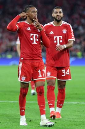 September 10, 2026, GER, Soccer, Men s, UEFA Champions League, Group Stage, 2026–2027 Season, Matchday 1, FC Bayern Munich vs. FK Bodø Glimt, Goal Celebration, Cheering, Goal Scorer(s), Michael Olise (FC Bayern Munich, No. 17) celebrates the 4–0 goal; on the right, Ismael Saibari (FC Bayern Munich, No. 34), Munich, Allianz Arena, Bayern, Germany Copyright: xNordphoto Schneiderx