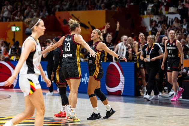 Leonie Fiebich (Germany, 13), Alexis Peterson (Germany, 01), and Alexandra Wilke (Germany, 03) celebrate, GER, Belgium vs. Germany, Basketball, 2026 FIBA Women’s World Cup, Quarterfinals, September 10, 2026, GER, Belgium vs. Germany, Basketball, 2026 FIBA Women’s World Cup, Quarterfinals, September 10, 2026, Berlin Copyright: xEibner-Pressefoto MaxxVincenx EP_MVN