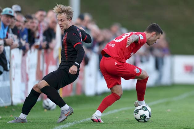 September 11, 2026, Men s, Soccer, 2026–2027 Season, Bavarian Regional League, Matchday 8: TSV Aubstadt vs. SpVgg Unterhaching; Ben Luca Westermeier 5, SpVgg Unterhaching; and Ingo Feser 23, TSV Aubstadt; Sulzfeld School Stadium, Aubstadt; NGN Arena, Bavaria, Germany