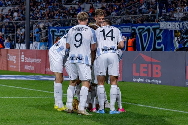 The Lions celebrate with Tunay Deniz of TSV 1860 Munich, 36, whose goal made it 3–0 GER, TSV 1860 Munich vs. TSV Schwaben Augsburg, soccer, Bavarian Regional League, Matchday 8, 2026–2027 season, September 11, 2026 DFL DFB regulations prohibit any use of photographs as image sequences and or quasi-video. Photo: HMB Media, Heike Feiner Copyright: HMBxMedia HeikexFeiner