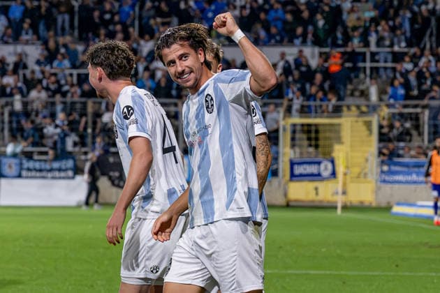 Tunay Deniz of TSV 1860 Munich, 36, celebrates his goal to make it 3–0 for Germany, TSV 1860 Munich vs. TSV Schwaben Augsburg, soccer, Bavarian Regional League, Matchday 8, 2026–2027 season, September 11, 2026 DFL and DFB regulations prohibit any use of photographs as image sequences and or quasi-video. Photo: HMB Media, Heike Feiner Copyright: HMBxMedia HeikexFeiner