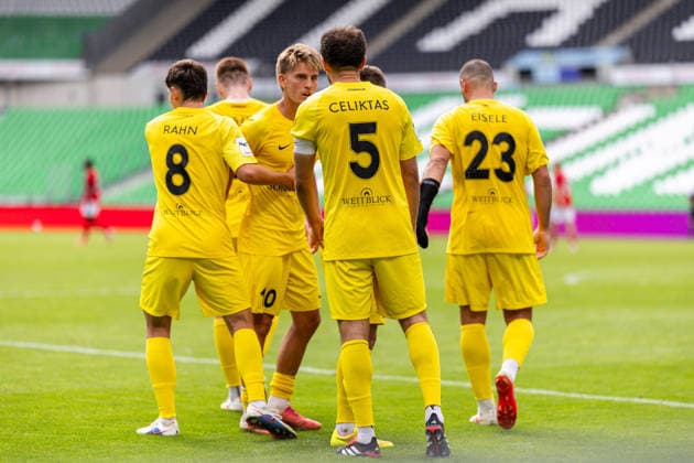 The SG Sonnenhof Grossaspach players celebrate Volkan Celiktas goal to make it 1–2. SG Sonnenhof Grossaspach, 05 Mitte, GER, TSV Havelse vs. SG Sonnenhof Grossaspach, Soccer, 3rd Division, Matchday 5, 2026–2027 season, September 12, 2026 DFL regulations prohibit any use of photographs as image sequences and or quasi-video GER, TSV Havelse vs. SG Sonnenhof Grossaspach, Soccer, 3rd League, Matchday 5, 2026–2027 season, September 12, 2026, Hanover Copyright: xEibner-Pressefoto JanxRollingerx EP_JSK