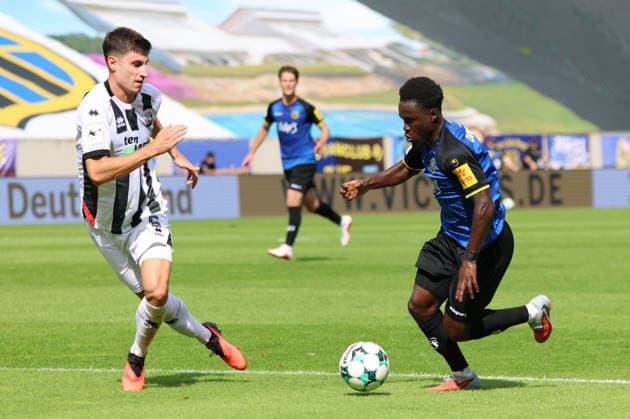 September 12, 2026, Soccer, Men s, 3rd Division, 2026–2027 Season, 1 FC Saarbrücken vs. FC Ingolstadt 04, Kelsey Owusu (1 FC Saarbrücken), Georgios Antzoulas (FC Ingolstadt 04), Saarbrücken, Ludwigsparkstadion, Saarland, Germany, DEU Copyright: xSebastianxBachx