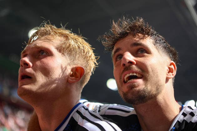 September 12, 2026, GER, Soccer, Men s, 3rd Division, 2026–2027 Season, Fortuna Düsseldorf vs. MSV Duisburg, Peter Remmert (Duisburg) celebrates his goal (0–1) with Tobias Fleckstein, Duisburg vs. Düsseldorf, Merkur Spiel Arena, North Rhine-Westphalia, Germany Copyright: xAdrianxSchlüterx