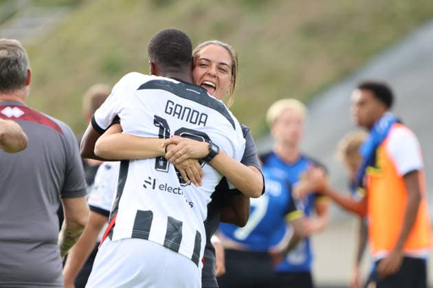 September 12, 2026, Soccer, Men s, 3rd Division, 2026–2027 Season, 1 FC Saarbrücken vs. FC Ingolstadt 04, FC Ingolstadt 04 celebrates the victory, Coach Sabrina Wittmann (FC Ingolstadt 04), Joseph Ganda (FC Ingolstadt 04), Saarbrücken, Ludwigsparkstadion, Saarland, Germany, DEU Copyright: xSebastianxBachx