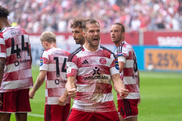 Eric Hottmann, Fortuna Düsseldorf, 9th minute: celebration of the 2-1 goal, game-winning goal, emotion, celebration, joy, emotion, Fortuna Düsseldorf vs. MSV Duisburg, soccer, 3. Liga, Matchday 5, 2026–27 season, September 12, 2026, DFL regulations prohibit any use of photographs as image sequences and or quasi-video, Fortuna Düsseldorf vs. MSV Duisburg, soccer, 3. Liga, Matchday 5, 2026–27 season, September 12, 2026, Düsseldorf Copyright: xEibner-Pressefoto LukasxBaldygax EP_LBA