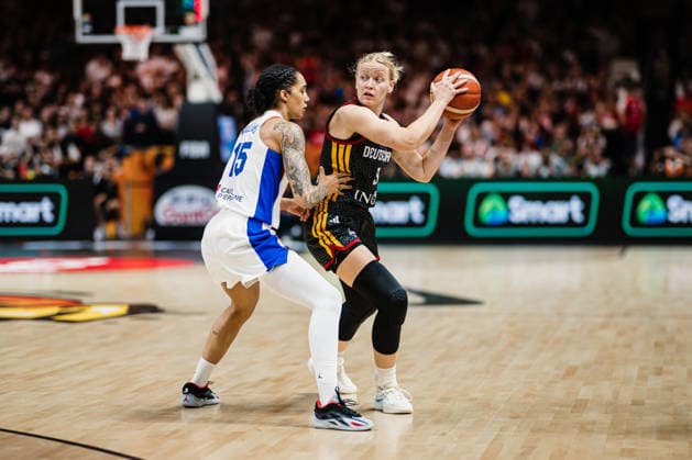 FIBA Women’s Basketball World Cup 2026: France vs. Germany, September 12, 2026—Emma Eichmeyer (Germany), 9; Gabby Williams (France), 15—Basketball, FIBA Women’s Basketball World Cup 2026, Final Phase, Semifinal: France vs. Germany on September 12, 2026, at the Uber Arena, Berlin Copyright: xBEAUTIFULxSPORTS Tonhäuserx