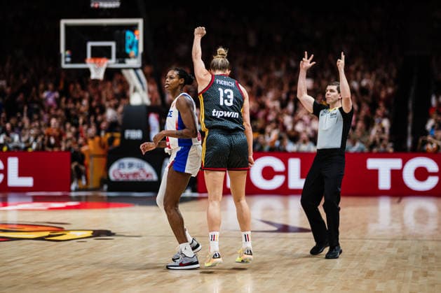 FIBA Women’s Basketball World Cup 2026: France vs. Germany, September 12, 2026—Leonie Fiebich of Germany, No. 13, celebrates a three-pointer, FIBA Women’s Basketball World Cup 2026, Final Phase, Semifinal: France vs. Germany on September 12, 2026, at the Uber Arena, Berlin Copyright: xBEAUTIFULxSPORTS Tonhäuserx