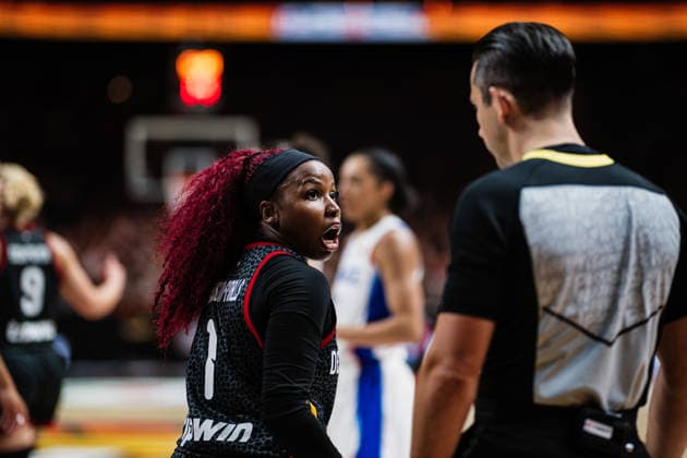 FIBA Women’s Basketball World Cup 2026: France vs. Germany, September 12, 2026; Alexis Peterson of Germany, No. 1, disappointed by the referees’ decision; Basketball, FIBA Women’s Basketball World Cup 2026, Final Phase, Semifinal: France vs. Germany on September 12, 2026, at the Uber Arena, Berlin Copyright: xBEAUTIFULxSPORTS Tonhäuserx