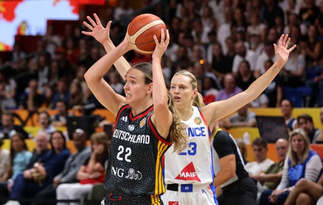 Emily Bessoir with the ball, Marine Johannes, head-to-head battle, game action, sports, basketball, FIBA World Cup, Women s World Championship, World Cup semifinals, 2026–2027 season, December 9, 2026, France (FRA) vs. DBB Germany (GER)