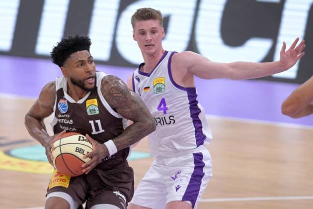 Anthony Gaines, Syntainics MBC 11, Daniel Kirchner, BG Göttingen 4, GER, BG Göttingen vs. Syntainics MBC, Basketball BBL Cup, 1st Round, 2026–2027 Season, September 12, 2026, GER, BG Göttingen Syntainics MBC, Basketball BBL Cup, Round 1, 2026–2027 Season, September 12, 2026, Göttingen Copyright: xEibner-Pressefotox xRolandxSippelx EP_RSL