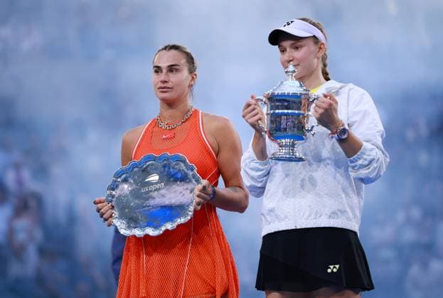 Elena Rybakina of Kazakhstan celebrates with the trophy next to Aryna Sabalenka 2026 US Open, Day Fourteen, USTA Billie Jean King National Tennis Center, New York, USA - 12 Sep 2026New York USTA Billie Jean King National T New York (NY) United States of America EDITORIAL USE ONLY No use with unauthorised audio, video, data, fixture lists, club league logos or live services. Online in-match use limited to 120 images, no video emulation. No use in betting, games or single club league player publications. Copyright: xEllaxLing Shutterstockx 17140165bw