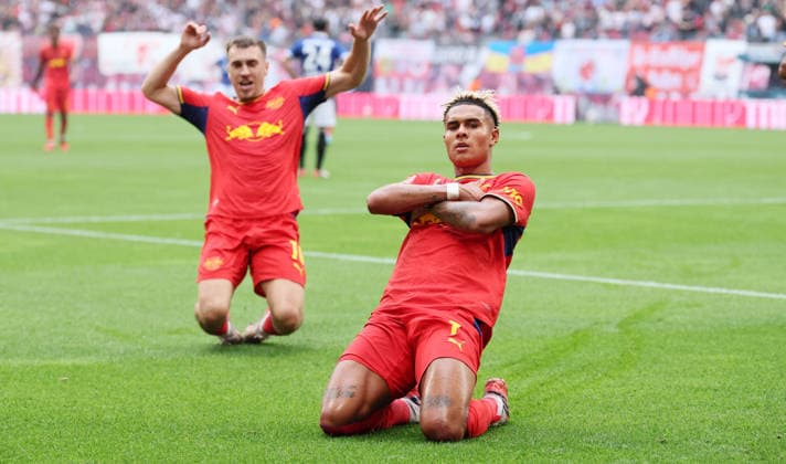 RB Leipzig vs. Hamburger SV, Bundesliga, Leipzig, September 13, 2026, Red Bull Arena, soccer, Bundesliga, Matchday 3, RB Leipzig vs. Hamburger SV, Pictured: Goal for RB Leipzig by Antonio Nusa in the 7th minute; RB Leipzig scores to make it 2–0 and celebrates, For editorial use only, DFL and DFB regulations prohibit any use of photographs as image sequences and or quasi-video,