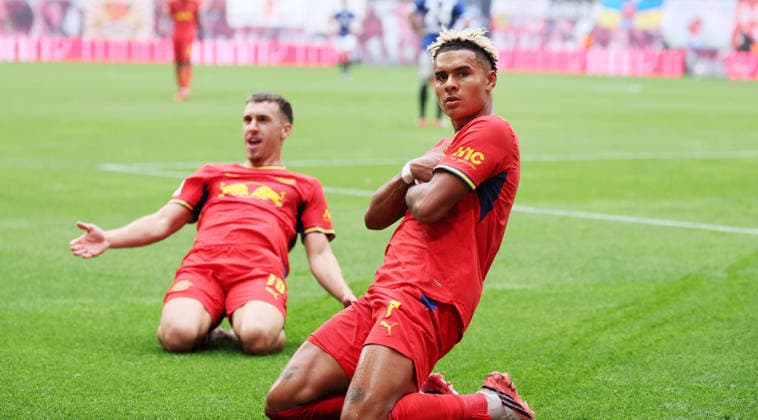 RB Leipzig vs. Hamburger SV, Bundesliga, Leipzig, September 13, 2026, Red Bull Arena, soccer, Bundesliga 1, Matchday 3, RB Leipzig vs. Hamburger SV, Pictured: Goal for RB Leipzig by Antonio Nusa in the 7th minute; RB Leipzig scores to make it 2–0 and celebrates, For editorial use only, DFL and DFB regulations prohibit any use of photographs as image sequences and or quasi-video,