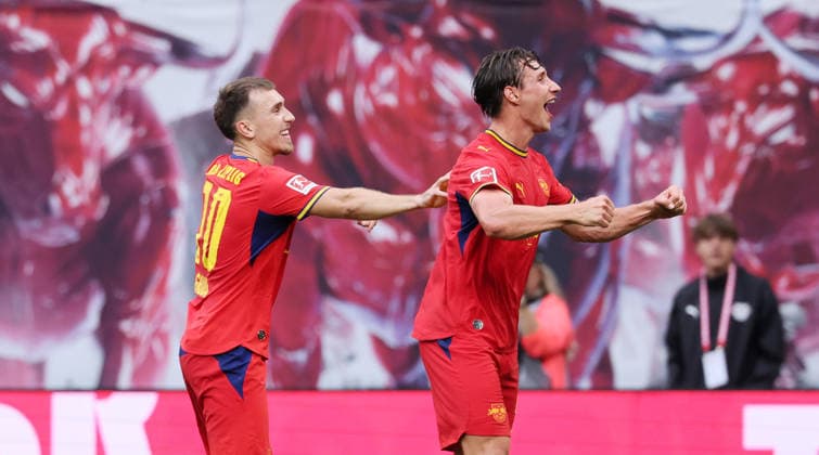 RB Leipzig vs. Hamburger SV, Bundesliga, Leipzig, September 13, 2026, Red Bull Arena, Soccer, Bundesliga 1, Matchday 3, RB Leipzig vs. Hamburger SV, Pictured: Goal for RB Leipzig by Willi Orban (4), RB Leipzig scores to make it 3–0 and celebrates with Brajan Gruda (10), RB Leipzig, For editorial use only, DFL and DFB regulations prohibit any use of photographs as image sequences and or quasi-video,