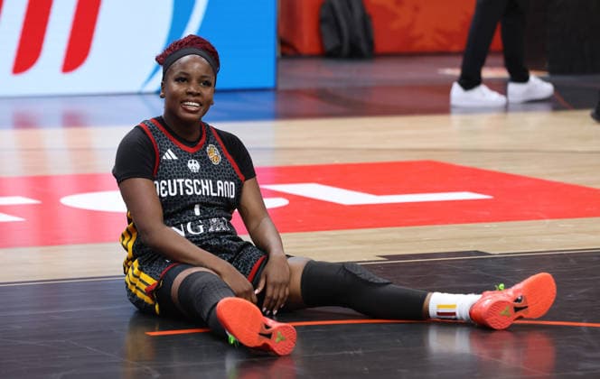 Alexis Petersonnac, on-court battle, basketball, FIBA World Cup, Women s World Championship, 3rd-place game, 2026–2027 season, September 13, 2026, DBB, Germany (GER) vs. Spain (ESP)