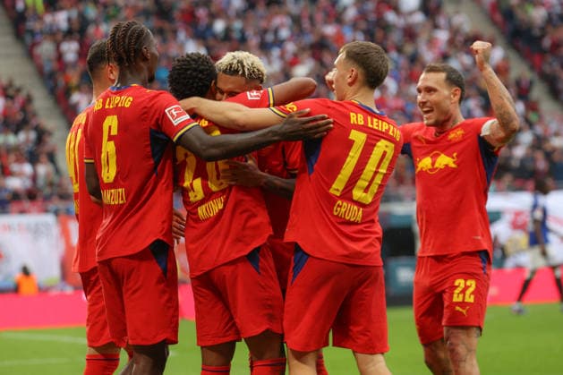 September 13, 2026, xtgx, Soccer, Bundesliga 1, RB Leipzig vs. Hamburger SV, from left: Christopher Nkunku (Leipzig), 28, celebrating, goal celebration, celebrating the goal, DFL and DFB regulations prohibit any use of photographs as image sequences and or quasi-video (Leipzig)