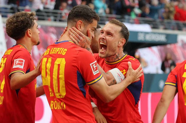September 13, 2026, xtgx, Soccer, Bundesliga 1, RB Leipzig vs. Hamburger SV, from left: Romulo Jose Cardoso Da Cruz (Leipzig), 40, cheering, Goal celebration, celebrating the goal, DFL and DFB regulations prohibit any use of photographs as image sequences and or quasi-video. Leipzig