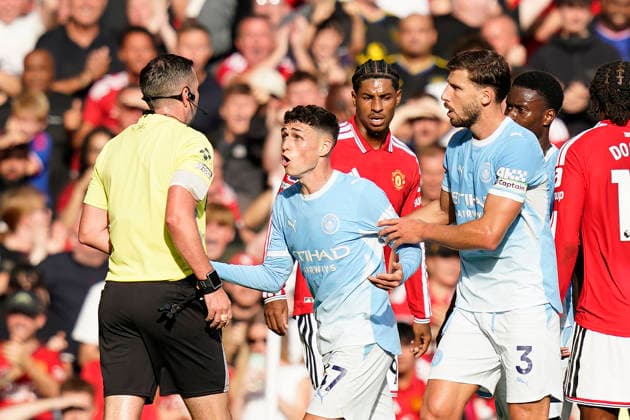 Manchester, England, 13th September 2026. Phil Foden of Manchester City looks on after getting sent off during the Manchester United, ManU vs Manchester City Premier League match at Old Trafford, Manchester. Picture credit should read: Andrew Yates Sportimage EDITORIAL USE ONLY. No use with unauthorised audio, video, data, fixture lists, club league logos or live services. Online in-match use limited to 120 images, no video emulation. No use in betting, games or single club league player publications. SPI_028_AY_MAN_UTD_MAN_CITY SPI-4993-0029