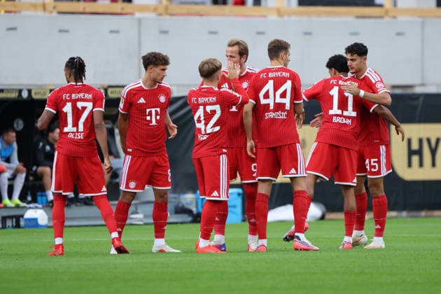 September 13, 2026, Soccer, Men s, Bundesliga 1, 2026–2027 Season, SV 07 Elversberg vs. FC Bayern Munich, Michael Olise, FC Bayern Munich; Tom Bischof, FC Bayern Munich; Lennart Karl, FC Bayern Munich; Harry Kane, FC Bayern Munich; Josip Stanisic, FC Bayern Munich; Nathaniel Brown, FC Bayern Munich; Aleksandar Pavlovic, FC Bayern Munich; Elversberg, Ursapharm Arena an der Kaiserlinde, Saarland, Germany, DEU Copyright: xFabianxKleerx
