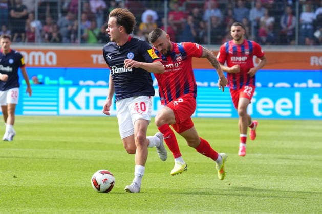 2. Bundesliga, Matchday 5, 2026–27 Season, FC Heidenheim vs. Holstein Kiel, Leon Parduzi (Holstein Kiel), Marnon Busch (FC Heidenheim), FC Heidenheim vs. Holstein Kiel, 2. Bundesliga, Matchday 5, 2026–27 Season, FC Heidenheim vs. Holstein Kiel, Germany, Heidenheim, Voith Arena, September 13, 2026 SP_GHR