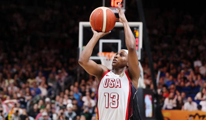 Jackie Young in action, upper body, sports, basketball, FIBA World Cup, World Championship, Women s World Cup, Final, 2026–2027 season, September 13, 2026, France vs. USA