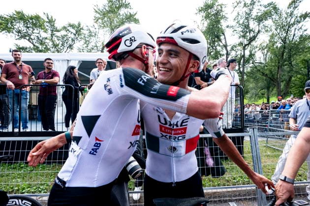 September 13, 2026, Montreal, Pq, CANADA: Isaac del Toro, of Mexico, riding for UAE Team Emirates XRG celebrates with teammate and third place winner Brandon McNulty, of USA, after racing to the finish during the Grand Prix Cycliste de Montreal on Sunday, Sept. 13, 2026. Canada News - September 13, 2026 - ZUMAc35_ 20260913_zaf_c35_053 Copyright: xChristopherxKatsarovx
