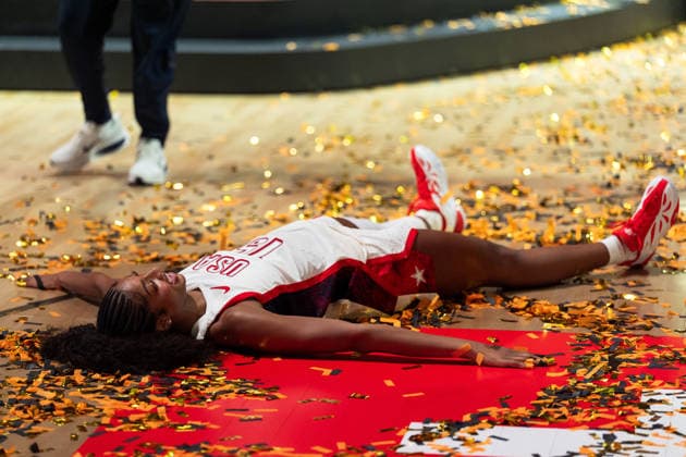 Angel Reese (USA), 15, on the floor amid confetti, celebrating after the final buzzer, Germany, USA vs. France, basketball, 2026 FIBA Women’s World Cup, Final, September 13, 2026, GER, USA vs. France, Basketball, 2026 FIBA Women’s World Cup, Final, September 13, 2026, Berlin Copyright: xEibner-Pressefoto MaxxVincenx EP_MVN