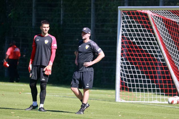 September 15, 2026 VfB Stuttgart Practice Germany, Stuttgart, September 15, 2026, Soccer, Bundesliga, 2026–2027 Season, VfB Stuttgart Practice, from left: Fabian Bredlow, Sebastian Hoeneß (Coach)