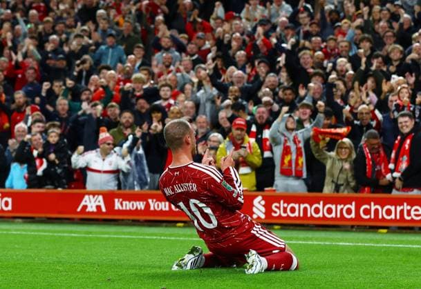 Alexis Mac Allister of Liverpool celebrates scoring the opening goal Liverpool v Tottenham Hotspur, EFL Carabao Cup, Football, Anfield, UK - 15 Sep 2026Liverpool Anfield United Kingdom EDITORIAL USE ONLY No use with unauthorised audio, video, data, fixture lists, club league logos or live services. Online in-match use limited to 120 images, no video emulation. No use in betting, games or single club league player publications. Copyright: xMattxWest Shutterstockx 17152603ac