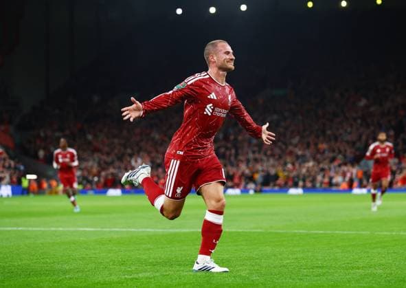 Alexis Mac Allister of Liverpool celebrates scoring the opening goal Liverpool v Tottenham Hotspur, EFL Carabao Cup, Football, Anfield, UK - 15 Sep 2026Liverpool Anfield United Kingdom EDITORIAL USE ONLY No use with unauthorised audio, video, data, fixture lists, club league logos or live services. Online in-match use limited to 120 images, no video emulation. No use in betting, games or single club league player publications. Copyright: xMattxWest Shutterstockx 17152603ae