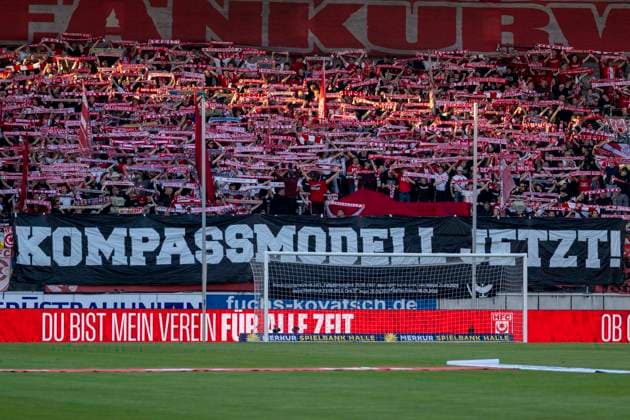 Regionalliga Northeast Season 26-27: Hallescher FC vs. FC Carl Zeiss Jena, Halle, Germany, September 15, 2026. Pictured: Halle fan section protesting Regionalliga reform. Feature, symbol, symbolic photo, characteristic, detail, Halle Saale Leuna Chemie Stadium, Saxony-Anhalt, Germany