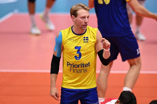 September 16, 2026: Joel Andersson of Sweden celebrates during the CEV EuroVolley 2026 group stage volleyball match between Sweden and Slovakia on September 16, 2026 in Modena. Photo by Matteo Gribaudi, BILDBYRAN COP 18 XY0130 volleyball, European Volleyball Championship, Sweden, Slovakia, CEV EuroVolley 2026, Sweden, Slovakia, BBENG, celebration Copyright: MATTEOxGRIBAUDI BB260916BB180