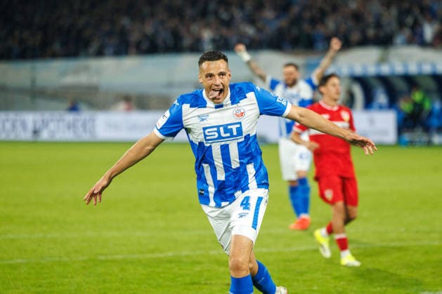 Goal celebration 2-0, goal scorer Kenan Fatkic, Rostock, GER; FC Hansa Rostock vs. VfB Stuttgart II, soccer, men s, 3. Liga, Matchday 6, 2026–2027 season, September 16, 2026, Rostock Ostseestadion, Mecklenburg-Western Pomerania, Germany