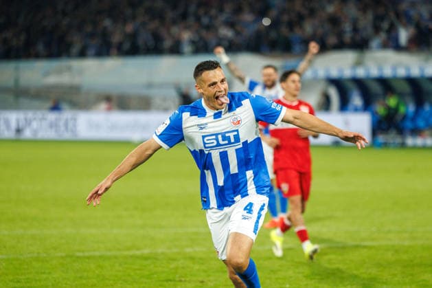 Goal celebration 2-0, goal scorer Kenan Fatkic, Rostock, GER; FC Hansa Rostock vs. VfB Stuttgart II, soccer, men s, 3. Liga, Matchday 6, 2026–2027 season, September 16, 2026, Rostock Ostseestadion, Mecklenburg-Western Pomerania, Germany